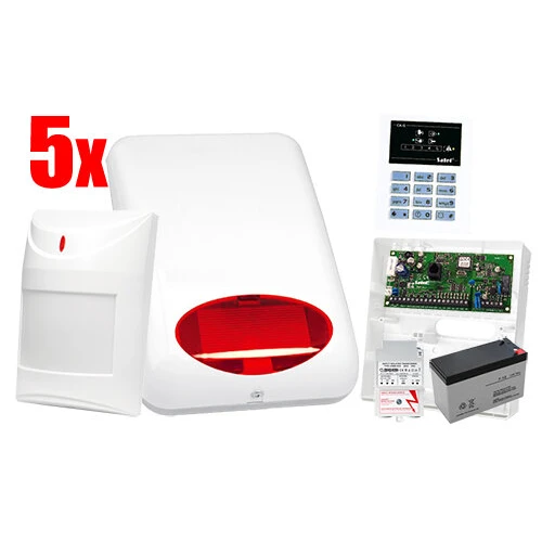 System alarmowy SATEL: Centrala CA-5 P, Manipulator CA-5 KLCD-S, 5 x Czujka AQUA Plus, Sygnalizator SPL-5010 R, Akcesoria