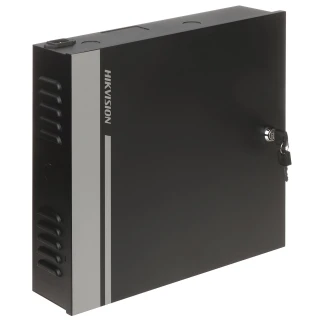 Czarny kontroler dostępu Hikvision DS-K2812 z zamkiem na klucz, widoczny z boku. Obudowa ma prosty, nowoczesny design z logo Hikvision na przedniej części.