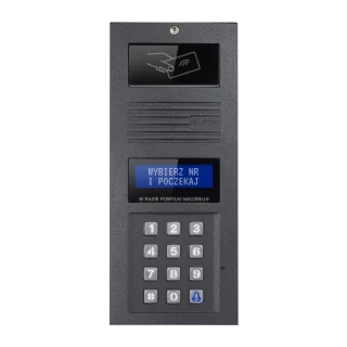 Zdjęcie przedstawia panel domofonowy z klawiaturą numeryczną i wyświetlaczem LCD, na którym widnieje napis "WYBIERZ NR I POCZEKAJ". Na górze panelu znajduje się miejsce na kartę zbliżeniową, oznaczone ikoną dłoni z kartą.