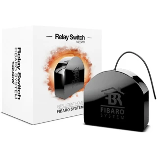 Włącznik przekaźnikowy FIBARO Relay Switch 1x2,5kW przedstawiony na zdjęciu to kompaktowe urządzenie do zdalnego sterowania obwodami elektrycznymi. Produkt jest zaprojektowany do montażu w puszkach instalacyjnych, umożliwiając integrację z systemami inteligentnego domu.