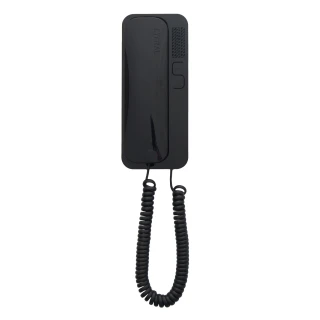 Czarny unifon Cyfral SMART 5P z przyciskiem do otwierania drzwi i słuchawką na uchwycie. Urządzenie ma prosty, nowoczesny design z białym logo producenta.