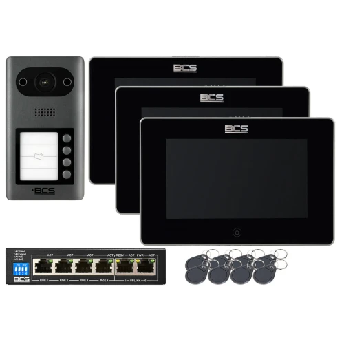 3-rodzinny Zestaw wideodomofon IP BCS-PAN4401G-S 3x Monitor 7" BCS-MON7300B-S + 8 breloki 