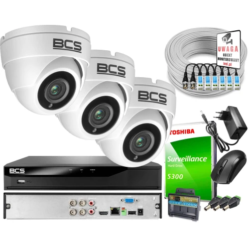 3x BCS-DMQ2203IR3-B BCS-XVR0401-IV Zestaw monitoringu kamery rejestrator akcesoria