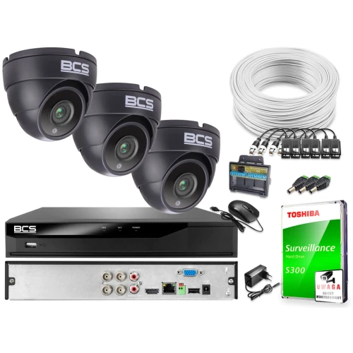 3x BCS-DMQ2203IR3-G BCS-XVR0401-IV Zestaw monitoringu kamery rejestrator akcesoria