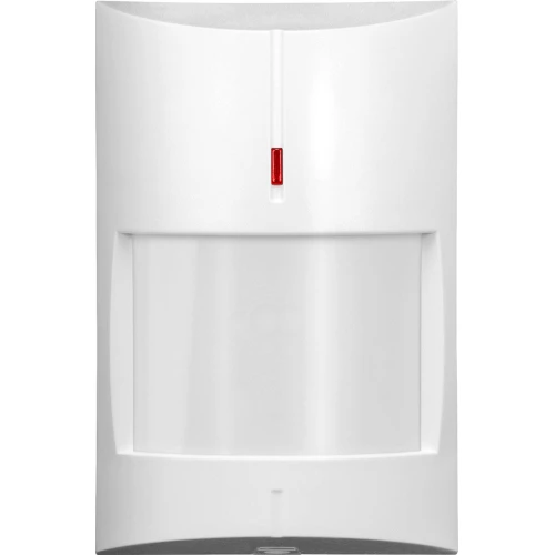 Na zdjęciu widoczna jest miniaturowa dualna czujka ruchu w białej obudowie, z prostokątnym kształtem i zaokrąglonymi krawędziami. Czujka posiada małe okienko na przedniej części, które prawdopodobnie służy do detekcji ruchu.