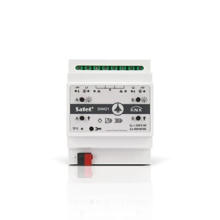 Uniwersalny dwukanałowy aktor z wyświetlaczem cyfrowym i przyciskami sterującymi. Urządzenie posiada złącza do podłączenia przewodów elektrycznych.