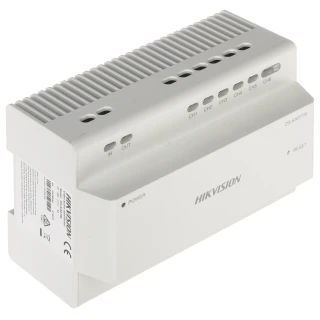 Biały switch DS-KAD706 marki Hikvision przeznaczony jest do 2-przewodowych systemów wideodomofonowych. Urządzenie posiada sześć kanałów oraz wskaźniki LED dla każdego z nich.