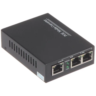 Na zdjęciu znajduje się czarny, prostokątny switch PoE z trzema portami Ethernet oznaczonymi jako "PoE" i "PWR". Obudowa urządzenia ma otwory wentylacyjne po bokach i oznaczenia na górnej powierzchni.