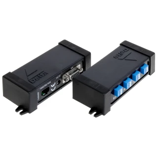 Na zdjęciu znajduje się czarny extender VGA marki Delta, z widocznymi portami VGA, RJ45 oraz złączami śrubowymi. Urządzenie ma kompaktową, prostokątną obudowę z wyraźnym logo producenta.