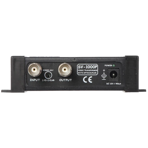 Panel przedni urządzenia SV-1000P z dwoma złączami BNC oznaczonymi jako "Input" i "Output" oraz regulacją "Video Adj" (-3/+3 dB). Po prawej stronie znajduje się gniazdo zasilania DC 12V/90mA oraz wskaźnik zasilania "Power".