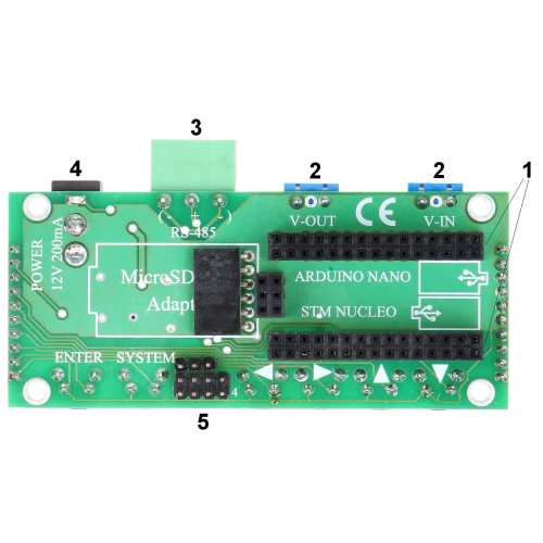 Zdjęcie przedstawia zieloną płytkę adaptera z oznaczeniami dla MicroSD, Arduino Nano i STM Nucleo, wyposażoną w różne złącza i piny. Na płytce widoczne są także oznaczenia dla zasilania 12V 200mA oraz złącza RS-485.