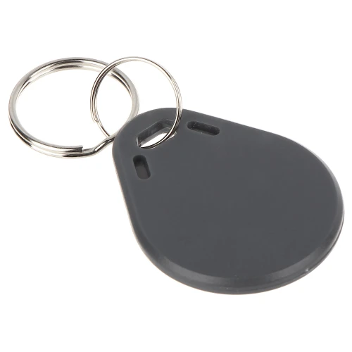 Szary brelok zbliżeniowy RFID z okrągłym, białym środkiem i metalowym kółkiem do kluczy. Produkt ma prosty, nowoczesny design i jest przeznaczony do systemów kontroli dostępu.