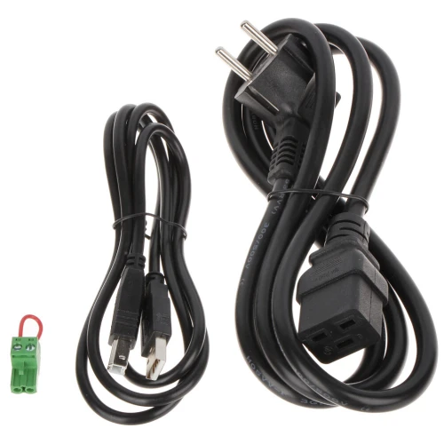 Zestaw zawiera czarny kabel zasilający z wtyczką europejską oraz kabel USB z dwoma różnymi końcówkami. Dodatkowo znajduje się zielony złącznik z czerwonym przewodem.