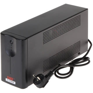 Zasilacz UPS AT-UPS650 LED 650 VA marki EAST w czarnej obudowie z perforacjami po bokach, wyposażony w przewód zasilający z wtyczką. Na przednim panelu znajdują się diody LED oraz przycisk zasilania.
