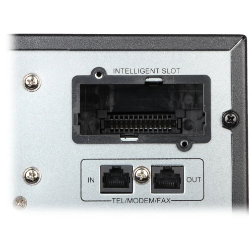 Zdjęcie przedstawia panel złącz urządzenia elektronicznego, zawierający gniazdo "Intelligent Slot" oraz dwa porty oznaczone jako "IN" i "OUT" dla TEL/MODEM/FAX. Panel jest metalowy, z widocznymi śrubami mocującymi.