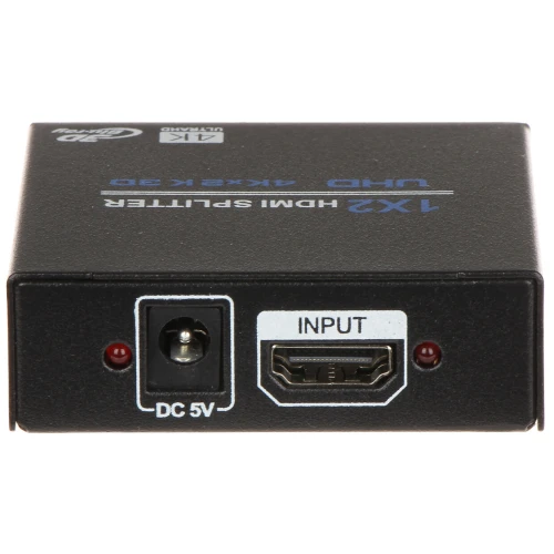 Na zdjęciu znajduje się czarny rozdzielacz HDMI z jednym wejściem HDMI oznaczonym jako "INPUT" oraz gniazdem zasilania DC 5V. Urządzenie obsługuje rozdzielczość 4K i posiada diody sygnalizacyjne.