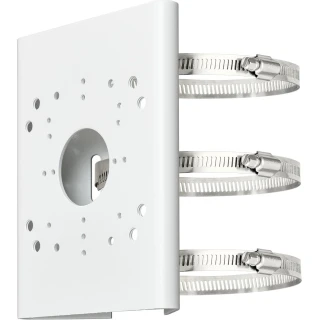 Adapter słupowy BCS-AS-ATU-B to metalowy uchwyt montażowy w kolorze białym, wyposażony w otwory montażowe i dwa metalowe opaski zaciskowe. Produkt służy do mocowania kamer na słupach, zapewniając stabilne i bezpieczne zamocowanie.