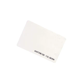 Karta RFID dualna z chipem 125kHz, w kolorze białym, z widocznym numerem seryjnym na powierzchni. Produkt ma prostokątny kształt i gładką teksturę.