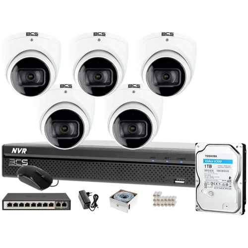 5x Kamera BCS-DMIP1501IR-E-V Rejestrator BCS-NVR0801X5ME-II 1TB Monitoring samodzielny montaż System IP