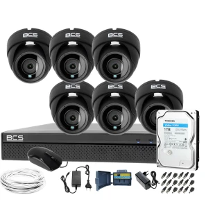 Monitoring do samodzielnego montażu - zestaw: 6 kamer BCS-BCS-DMQE2200IR3-G 2MPx, rejestrator BCS-L-XVR0801-V 5MPx lite, dysk 1TB, skrętka