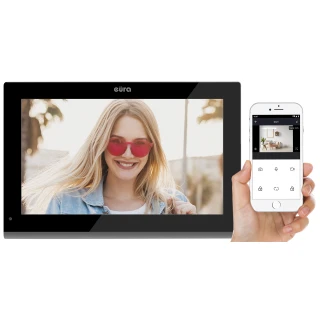Czarny monitor Eura VDA-10C5 z dużym ekranem wyświetla obraz kobiety w różowych okularach. Obok monitora znajduje się smartfon z aplikacją do zarządzania systemem monitoringu.