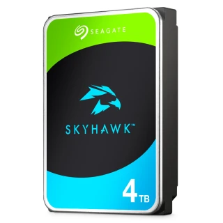 Na zdjęciu znajduje się dysk twardy Seagate SkyHawk o pojemności 4 TB, zaprojektowany do monitoringu. Obudowa dysku jest w kolorach zielonym, czarnym i niebieskim z logo SkyHawk.