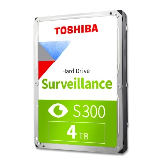 Na zdjęciu znajduje się dysk twardy Toshiba S300 o pojemności 4 TB, przeznaczony do monitoringu. Produkt ma etykietę w kolorach białym, zielonym i czerwonym z napisem "Surveillance".