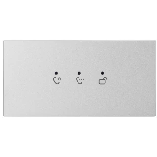 Prostokątny panel modułowy w kolorze srebrnym z trzema ikonami: słuchawki, słuchawki z kropkami oraz otwartej kłódki. Panel ma minimalistyczny design i jest przeznaczony do systemów informacyjnych.