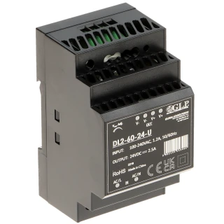 Zasilacz impulsowy DL2-60-24-U o mocy wyjściowej 24V i 2,5A, przeznaczony do montażu na szynie DIN. Obudowa w kolorze czarnym z oznaczeniami technicznymi i certyfikatami na przedniej stronie.