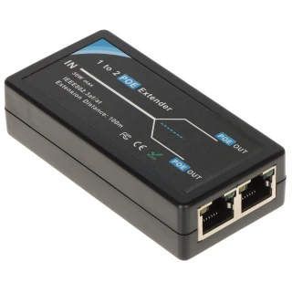 Na zdjęciu znajduje się czarny extender PoE z dwoma portami Ethernet oznaczonymi jako "PoE IN" i "PoE OUT". Urządzenie ma kompaktowy, prostokątny kształt z oznaczeniami technicznymi na górnej powierzchni.