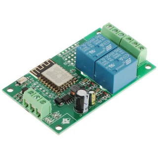 Moduł przekaźnikowy ESP12-2R-D8 Wi-Fi z dwoma niebieskimi przekaźnikami i zielonymi złączami śrubowymi na zielonej płytce PCB. Na płytce znajduje się również moduł ESP12 oraz różne komponenty elektroniczne.
