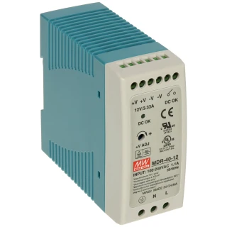 Zasilacz impulsowy MDR-40-12 marki Mean Well, o napięciu wyjściowym 12V i prądzie 3.33A, w obudowie montowanej na szynie DIN. Produkt posiada oznaczenia wejścia i wyjścia oraz certyfikaty bezpieczeństwa na przednim panelu.