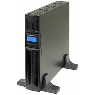 Zasilacz UPS PowerWalker VI 2000 RT LCD o mocy 2000 VA, w czarnej obudowie z wyświetlaczem LCD na przednim panelu. Urządzenie stoi pionowo na dwóch stabilnych podstawach.
