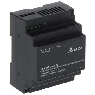 Zasilacz impulsowy Delta Electronics z serii Chrome o mocy 60W, przeznaczony do montażu na szynie DIN. Urządzenie oferuje wyjście 24V DC przy prądzie 2,5A i obsługuje napięcie wejściowe 100-240V AC.