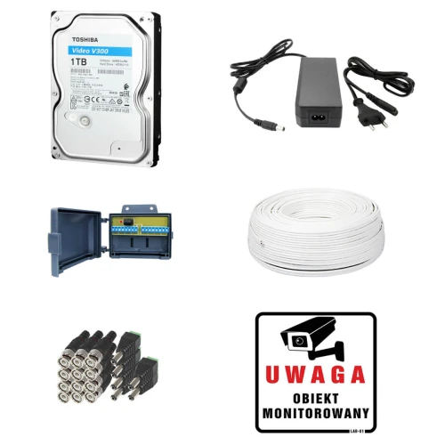 Kompletny monitoring hali, magazynu, dużych powierzchni Hikvision Hiwatch Turbo HD, AHD, CVI rejestrator DVR-8CH-2MP, 8 x HWT-B120-M, 1TB, Akcesoria