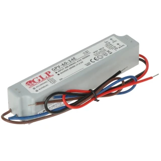 Prostokątny zasilacz impulsowy GLP GPV-60-24E o mocy 60W i napięciu wyjściowym 24V, z przewodami w kolorach czerwonym, niebieskim i czarnym. Obudowa jest szara z nadrukowanymi specyfikacjami technicznymi.