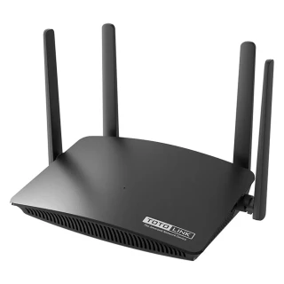 Czarny bezprzewodowy router z czterema antenami, marki TotoLink, widoczny na białym tle. Urządzenie ma nowoczesny design z logo umieszczonym na przedniej części obudowy.