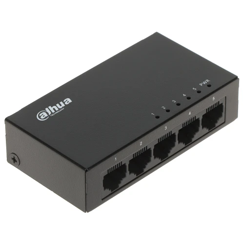 Czarny, prostokątny switch przemysłowy Dahua z pięcioma portami Ethernet oznaczonymi numerami od 1 do 5. Na górnej powierzchni znajduje się logo Dahua oraz diody sygnalizacyjne.