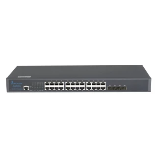 Na zdjęciu znajduje się czarny przełącznik sieciowy Extralink Chiron z wieloma portami Ethernet na przednim panelu. Urządzenie ma prostokątny kształt i jest przeznaczone do montażu w szafie rackowej.