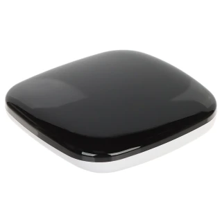 Czarny, błyszczący router o zaokrąglonych krawędziach na białym tle. Urządzenie ma nowoczesny, minimalistyczny design.