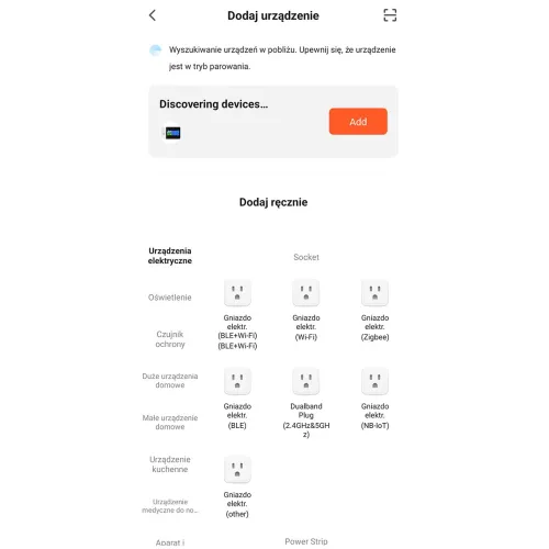 Interfejs aplikacji do dodawania urządzeń elektrycznych, z widocznymi ikonami różnych typów gniazdek i opcji oświetlenia. Na górze ekranu znajduje się przycisk "Add" do ręcznego dodawania urządzeń.