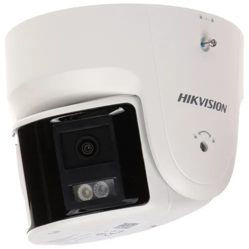 Biała kamera monitoringu marki Hikvision z widocznym obiektywem i diodami LED. Kamera ma nowoczesny design i jest przeznaczona do montażu sufitowego.