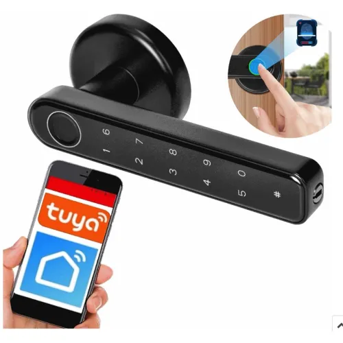 Czarna klamka z wbudowaną klawiaturą numeryczną i czytnikiem linii papilarnych. Obok klamki znajduje się smartfon z aplikacją Tuya, sugerującą możliwość zdalnego sterowania.