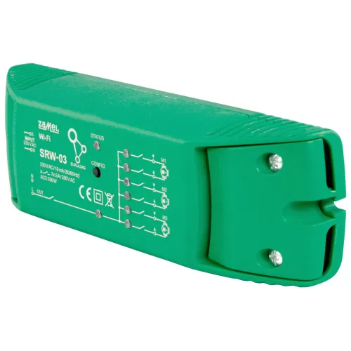 Zielony moduł elektroniczny Zamel SRW-03 z oznaczeniami wejść i wyjść oraz diodami statusu. Urządzenie posiada logo Wi-Fi i symbole certyfikacji na obudowie.