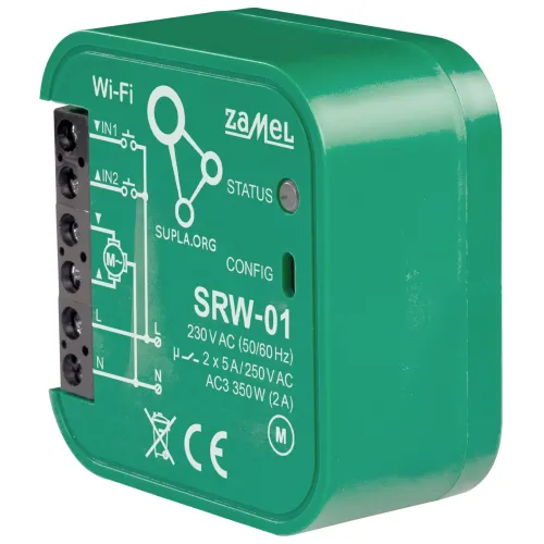Zielony moduł sterujący Zamel SRW-01 z oznaczeniami technicznymi i logo Wi-Fi na obudowie. Posiada złącza do podłączenia przewodów oraz przyciski konfiguracyjne.