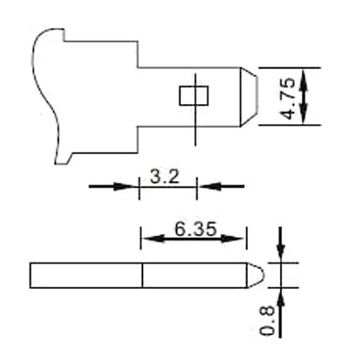 Schemat techniczny przedstawia wymiary metalowego elementu z zaokrąglonym końcem i prostokątnym wycięciem. Wymiary podane są w milimetrach: 4.75, 3.2, 6.35, i 0.8.
