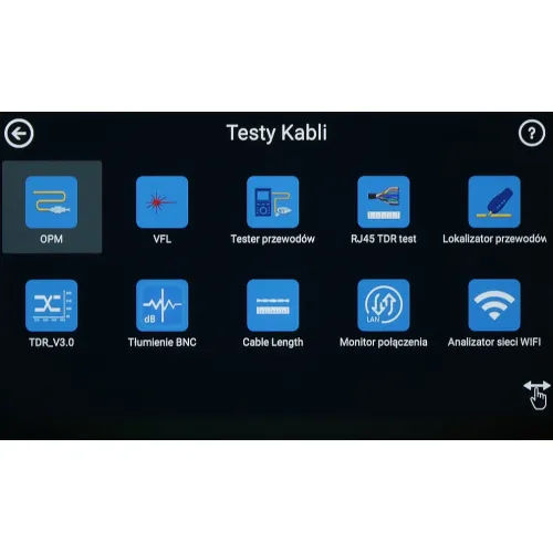 Na zdjęciu widoczny jest ekran urządzenia z różnymi ikonami aplikacji do testowania kabli, takimi jak OPM, VFL, Tester przewodów, RJ45 TDR test i inne. Każda ikona ma opis i symbolizuje różne funkcje związane z analizą i monitorowaniem sieci.