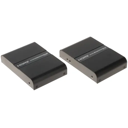 Na zdjęciu znajdują się dwa czarne urządzenia elektroniczne o prostokątnym kształcie, oznaczone jako HDMI. Oba mają gładką powierzchnię z widocznymi napisami i są ustawione obok siebie na białym tle.