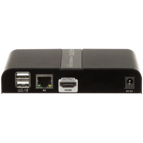Czarny adapter HDMI z kilkoma portami, w tym dwoma portami USB, portem Ethernet, wyjściem HDMI i gniazdem zasilania DC 5V. Urządzenie ma kompaktowy, prostokątny kształt z oznaczeniami nad każdym portem.