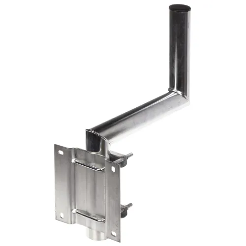 Zdjęcie przedstawia metalowy uchwyt antenowy z długim, poziomym ramieniem i pionowym mocowaniem. Uchwyt jest wykonany ze stali i posiada otwory montażowe na płaskiej podstawie.